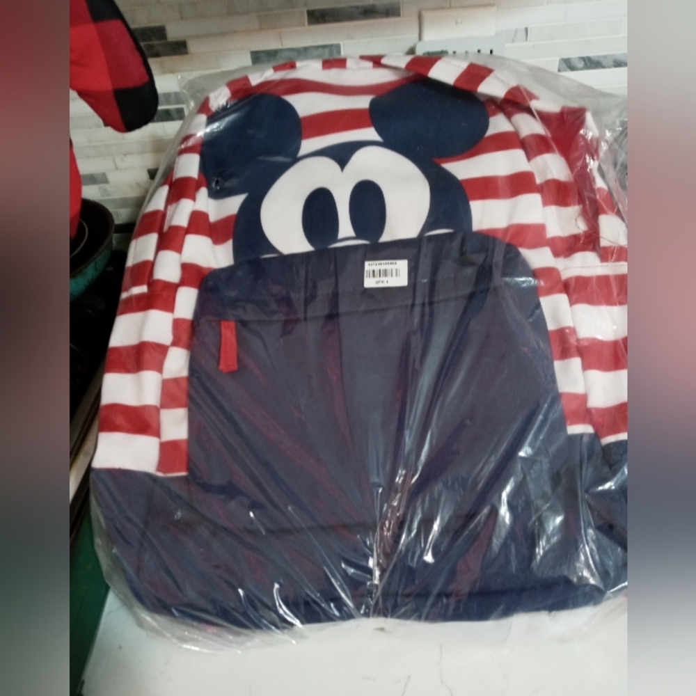 Disney Parks Mickey Patriotic Red white blue Nautical striped 17" backpack NEW